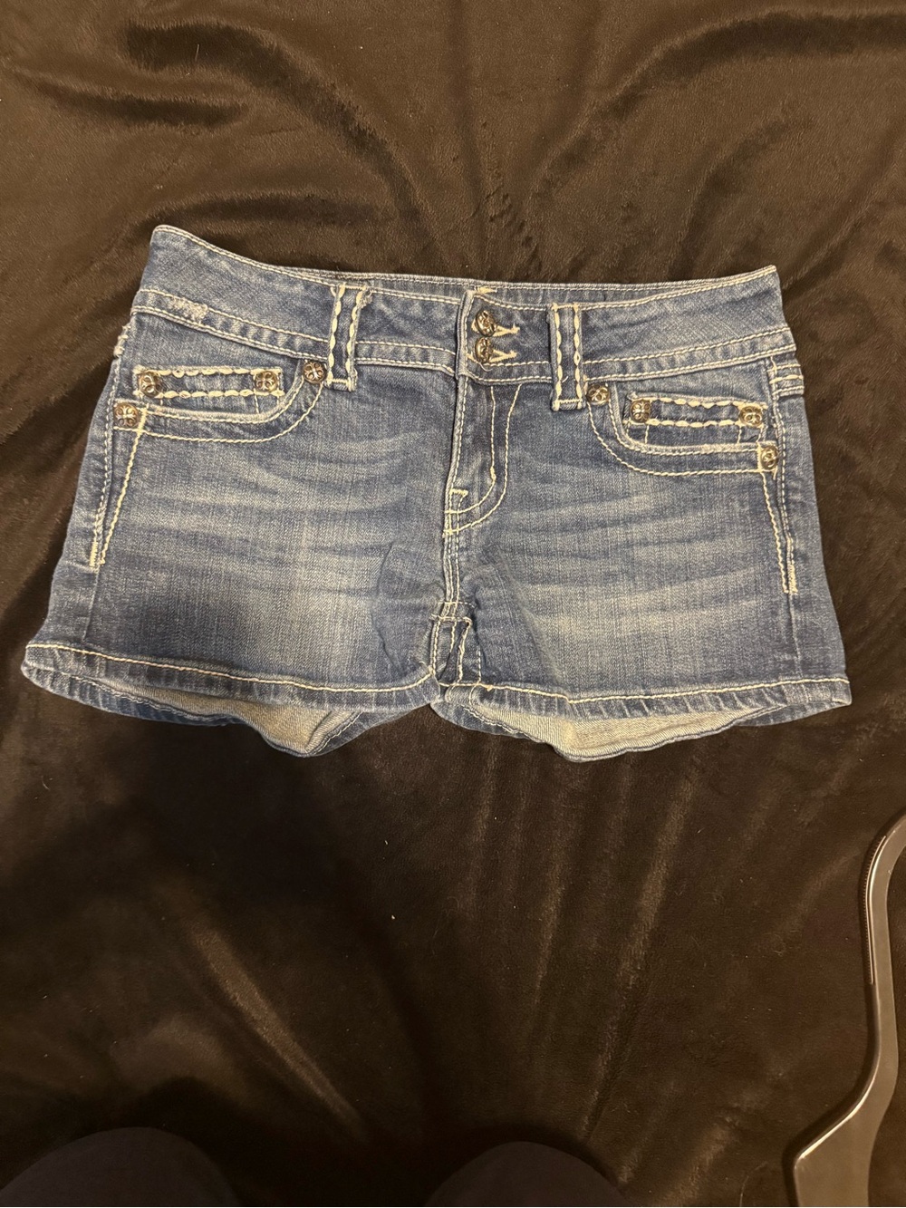 Miss Me Blue Denim Low-Rise Shortie with Contrast Stitching